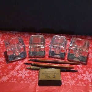 4 vintage ink wells 3 vintage, calligraphy, pens of railroad pen tips